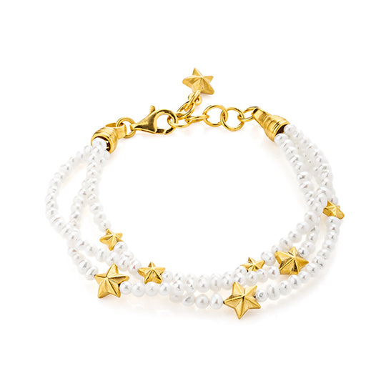 Sternenglanz & Schattentanz Süßwasserperlen Armband mit Sternen und Karabiner in der Länge 23 cm