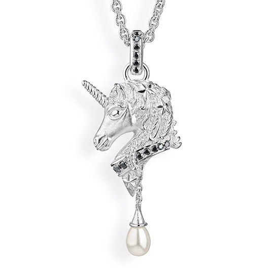 Sternenglanz & Schattentanz großer Bright Einhorn Anhänger mit Onyx Pavée Klappöse und Süßwasserperlpampel