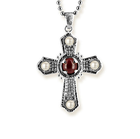 Papst Pius kleiner Kreuz Anhänger mit Granat und Süßwasserperle