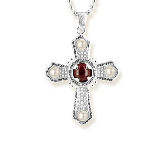 Papst Pius kleiner Kreuz Anhänger mit Granat und Süßwasserperle