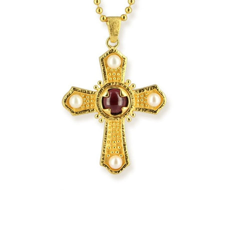 Papst Pius kleiner Kreuz Anhänger mit Granat und Süßwasserperle