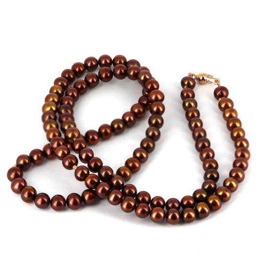 Schoko Süßwasserzuchtperlen Kette mit Tonnenschloss in der Länge 80 cm Perlen 8 - 9 mm