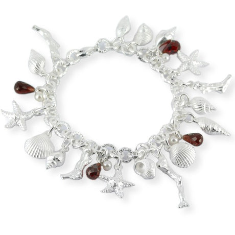 Neptuns Garden Armband mit Muscheln Süßwasserperle Granatpampel und Karabinerverschluss in der Länge 19 cm
