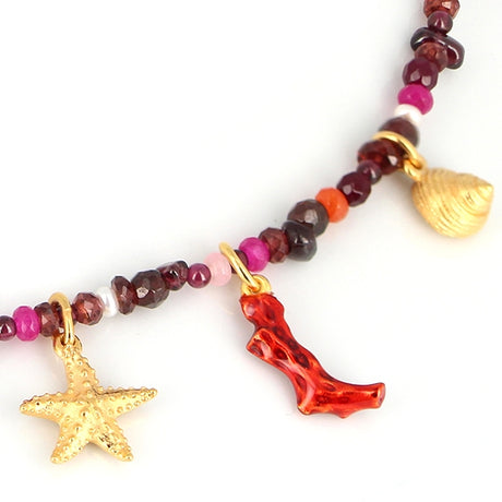 Neptuns Garden 1 reihiges MIX Collier aus Rhodolith Granat Carneol und Rosenquarz mit Muscheln und Tonnenschloss in der Länge 45 cm