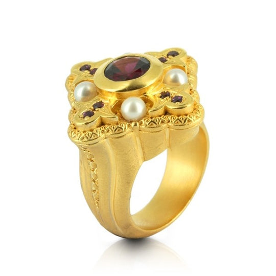 Faith Love und Charity großer Ring mit Rhodolith Rhodolithpavée und Süßwasserperle