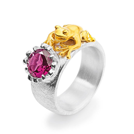 Froschkönig mittlerer Ring mit Frosch und facettiertem Rhodolith